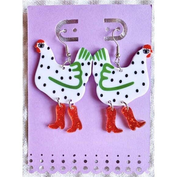 New White & Green Chicken w/ Glitter Red Cowboy Boots Retro 80s Style Earrings - Picture 1 of 6